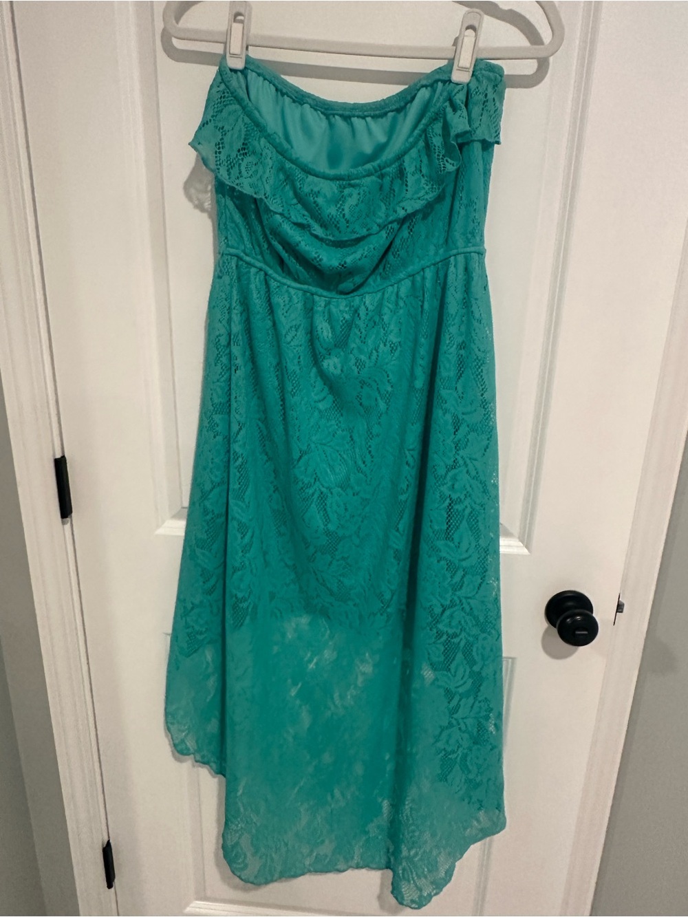 Strapless Ruffled Lace Hi-Low Dress in Teal - Picture 2 of 6